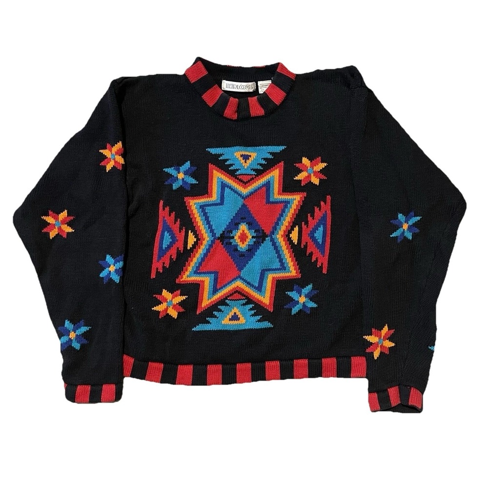 Vintage 80s 90s Heirlooms Southwest Print Knit Sweater Large Boxy